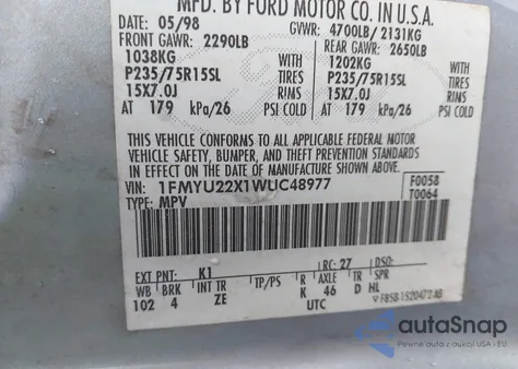 1998 Ford Explorer Sport z USA, uszkodzony, nr VIN 1FMYU22X1WUC48977